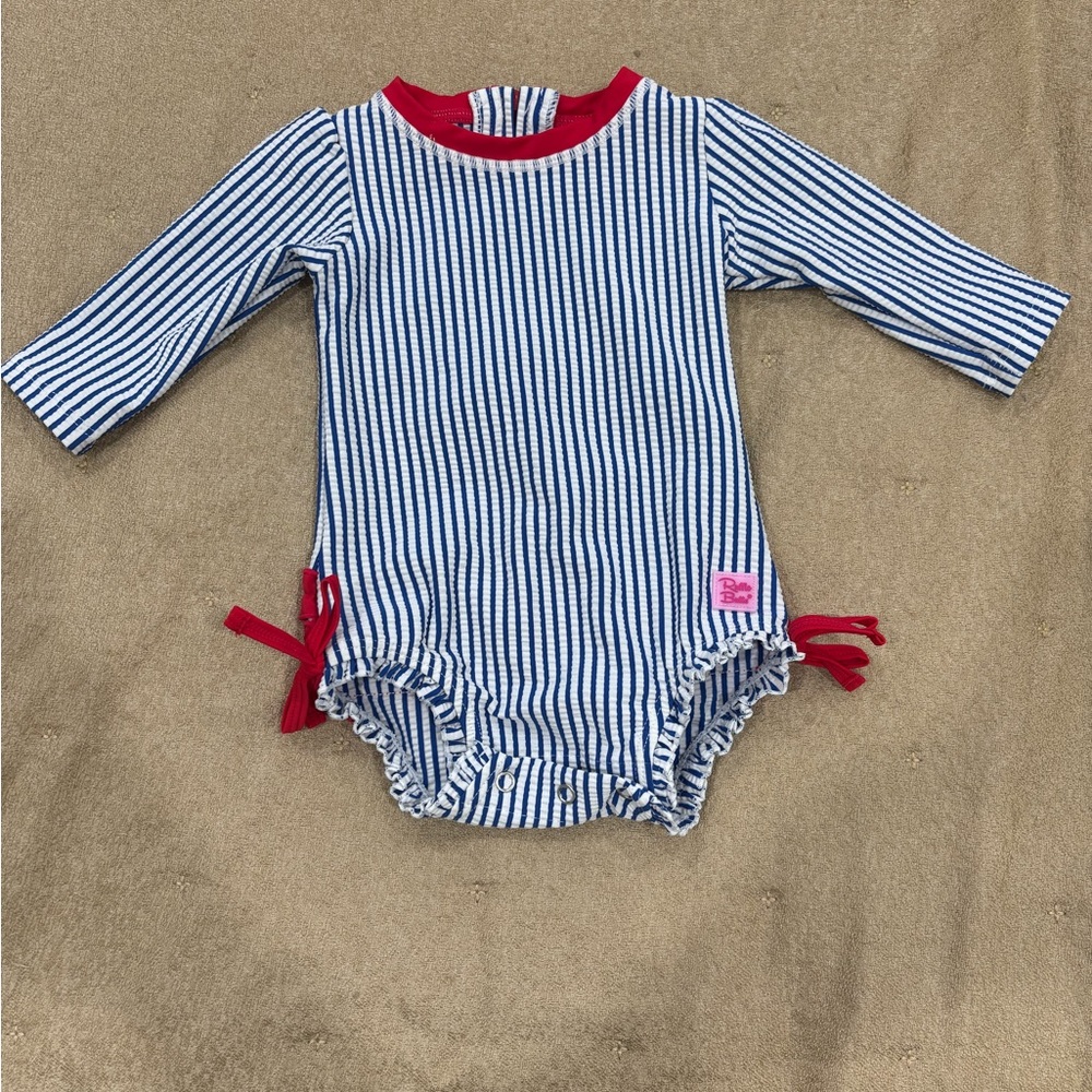Ruffle Butts Navy & White Striped One-Piece with Red Trim